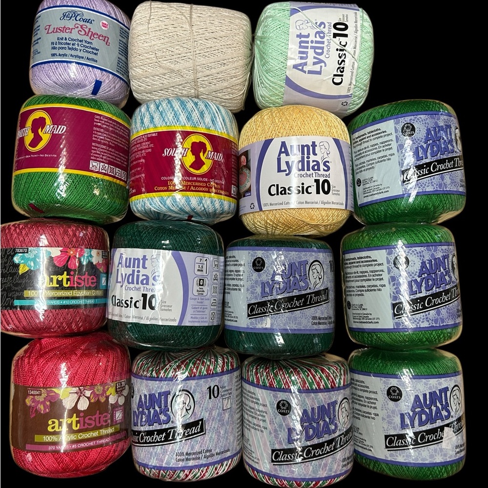 Crochet Thread Mixed lot 15 Aunt Lydias 9 Artiste 2 South Maid 1 JP Coats Crafts